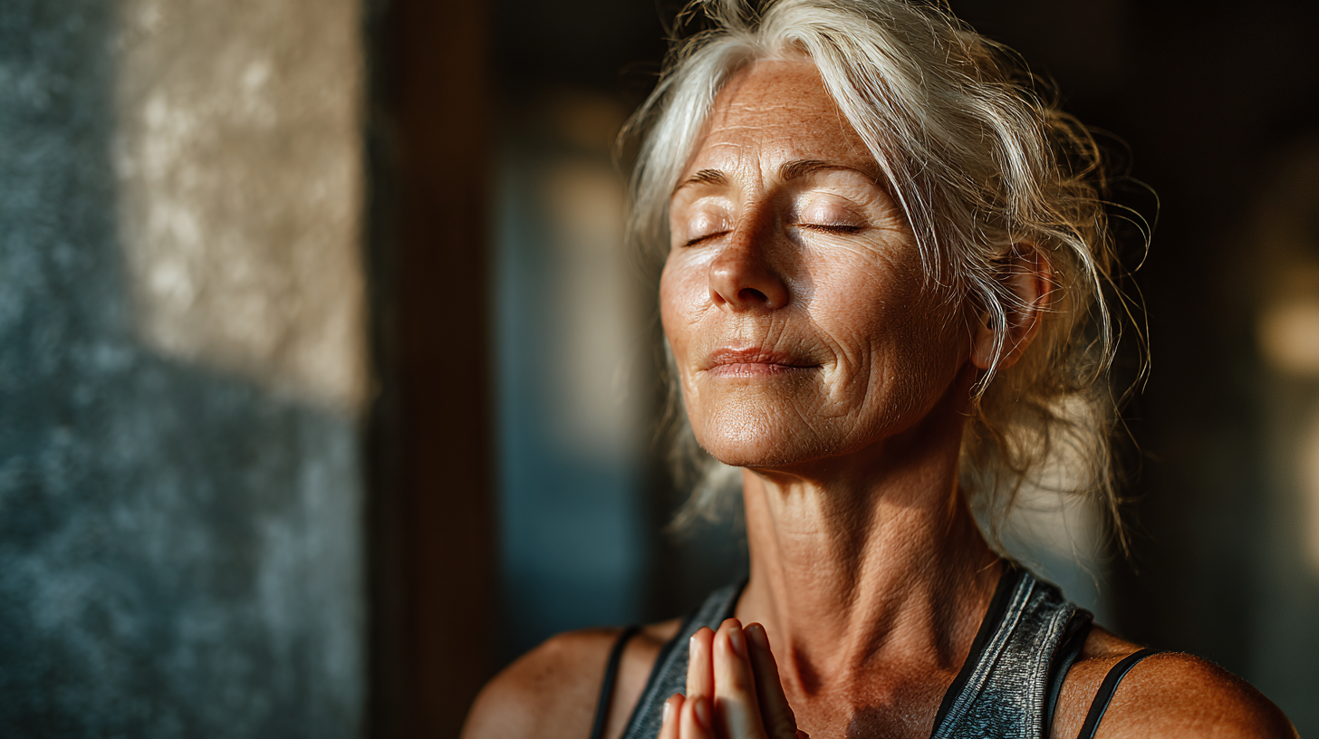 Група літніх людей займається йогою на природі