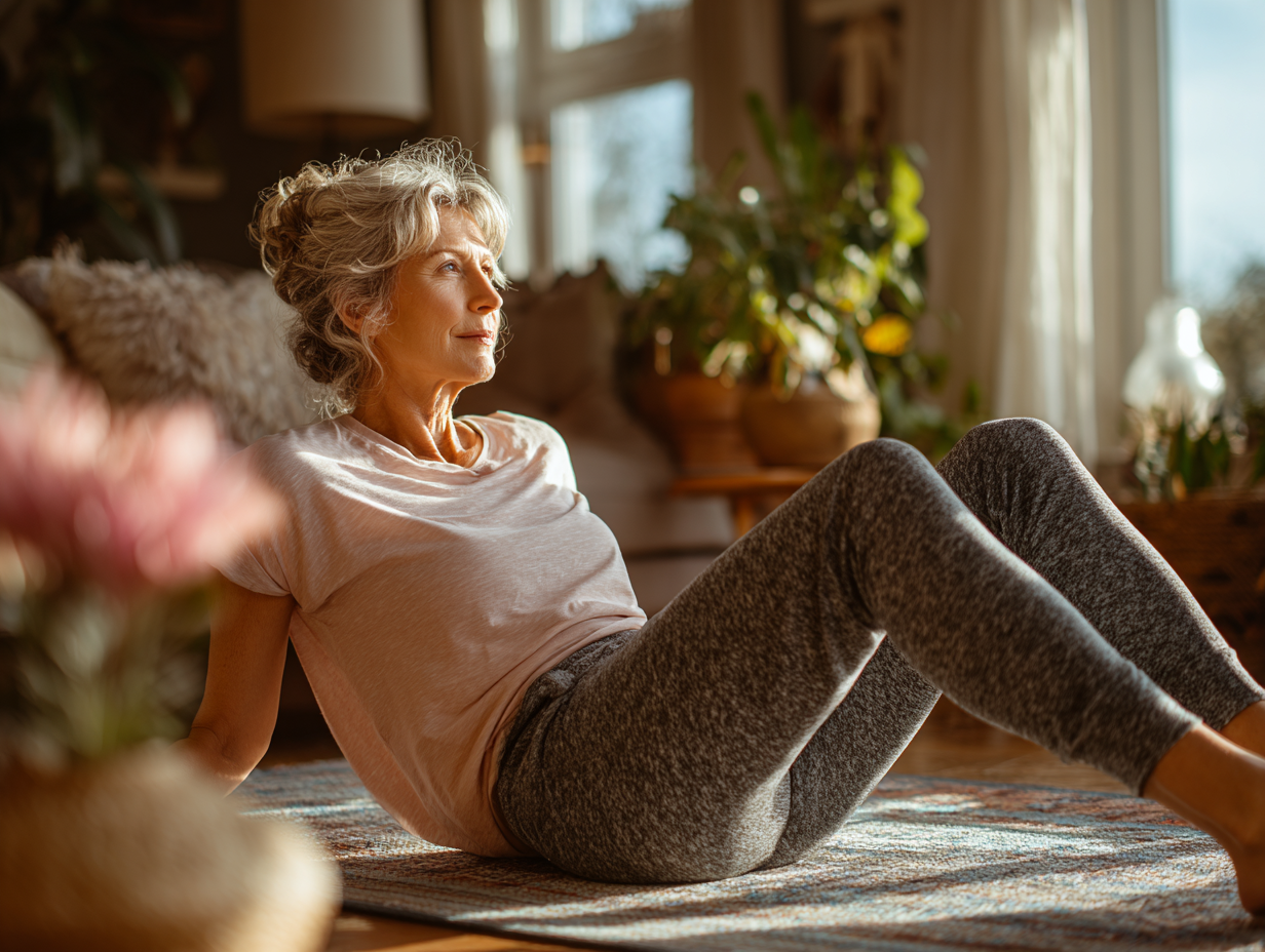 Літня жінка медитує в саду серед квітів